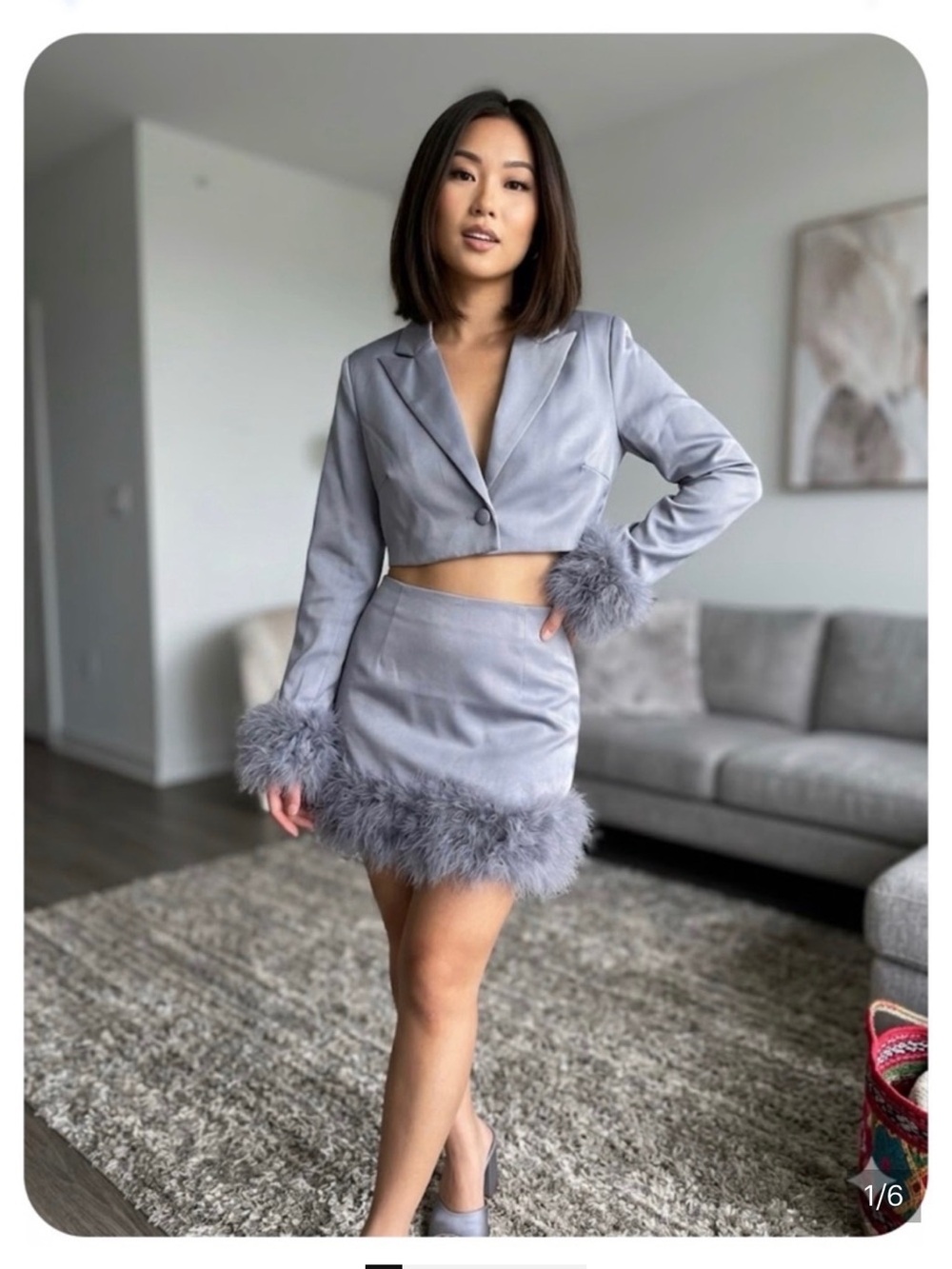 Feather-Trim Mini Skirt in Light Gray